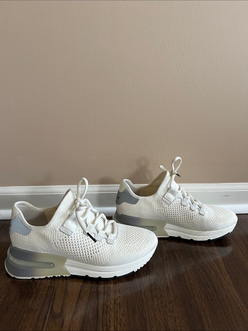 Ash Women's White Knit Sneakers with Light Gray Heel